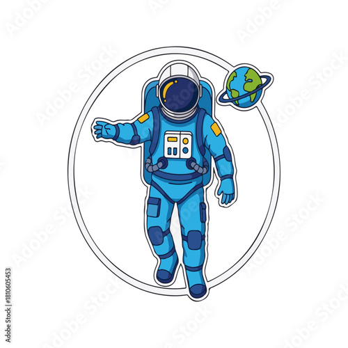 Blue Cartoon Astronaut near Earth Planet Badge: Detailed Vector Illustration of a Spaceman Walking with the Globe in a Circular Emblem, Ideal for Space Logos, Educational Stickers, and Science Themes.