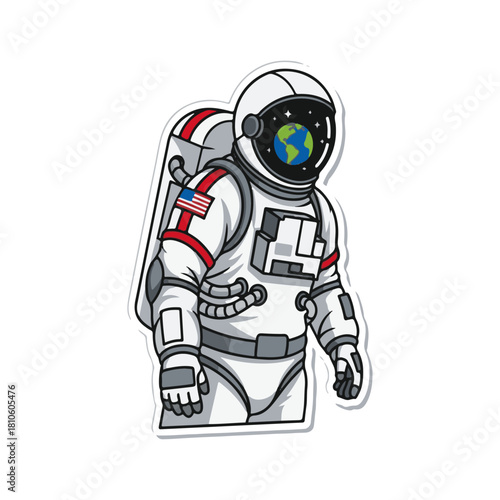 American Astronaut with Earth Reflected in Helmet: Patriotic Vector Illustration of a Spaceman in a White Suit with USA Flag Patch, Symbolizing Exploration, Global View, and Space Mission Success.