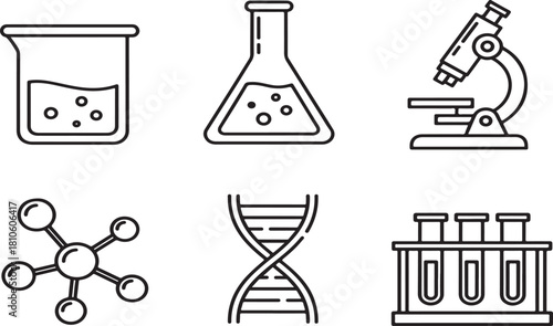 Collection of scientific laboratory equipment and symbols including a beaker flask microscope molecule dna and test tubes isolated on white background.