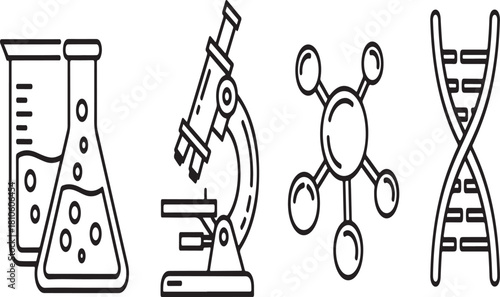 Collection of scientific laboratory equipment and molecular structures including a beaker flask microscope molecule and dna strand isolated on white background.