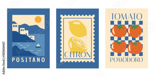 La dolce vita kitchen and travel wall art, Mediterranean citrus and tomato art posters, Italian retro food collection