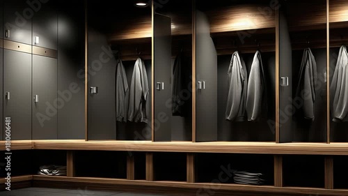 Interior view of a modern locker room with dark gray lockers and wooden accents. Gray jackets hang inside