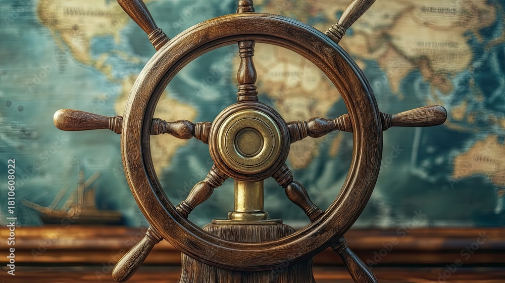 Obraz premium A ship's steering wheel (helm) made of polished brass and wood, against a background of a world map. A symbol of navigation, corporate governance, and steering a company. 