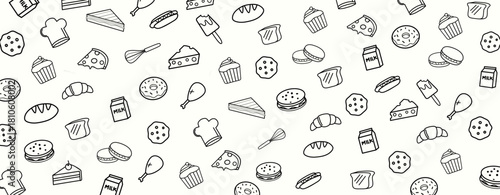 Seamless food doodle pattern featuring hand-drawn bakery and snack icons. Perfect for packaging, wrapping paper, backgrounds, fabrics, and playful graphic designs.
