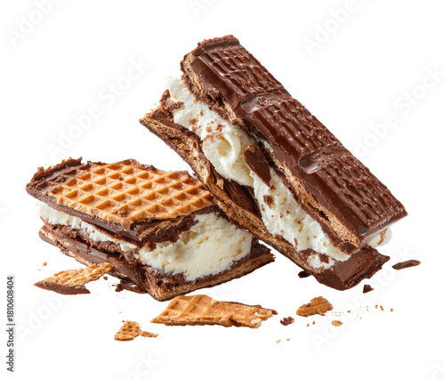 Wafer sandwiches filled with cream; angled close-up view