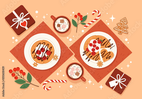 A cheerful flat lay illustration depicts a cozy Christmas breakfast, with waffles, hot chocolate, gifts, candy canes, and gingerbread cookies arranged on a warm, festive background