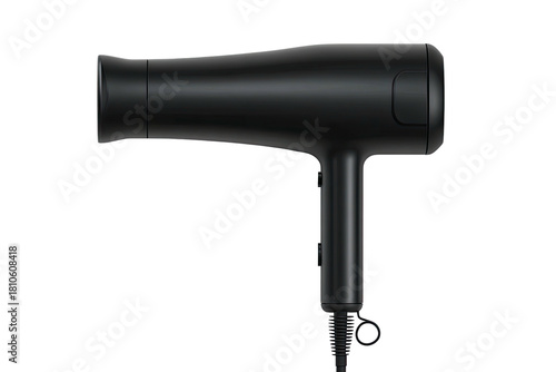 Matte black hair dryer with cord, side view on dark
