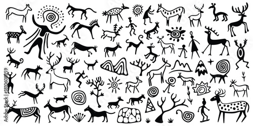 Set petroglyphs, rock paintings, isolated on white background, naive art, vector design