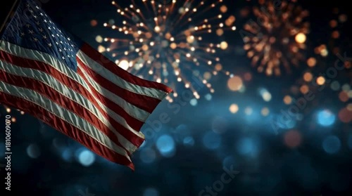 American Flag in Slow Motion With Fireworks – Festive Celebration Theme