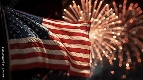 American flag waving proudly with vibrant fireworks illuminating the night sky during a patriotic celebration.