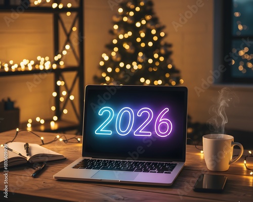 A festive workspace scene featuring a laptop with glowing number 2026 displayed on its screen. Merry Christmas And Happy New Year. 