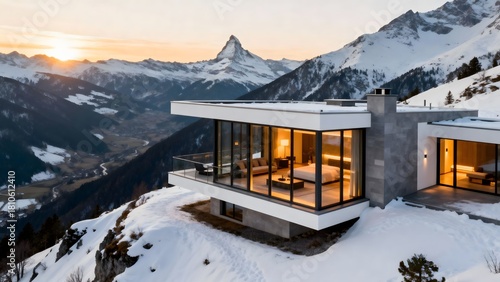Modern luxury house with glass walls surrounded by mountains at sunset