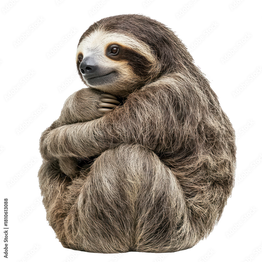 Fototapeta premium Sloth grooming Licks its fur or scratches itself with its claws. full length isolate on transparent background
