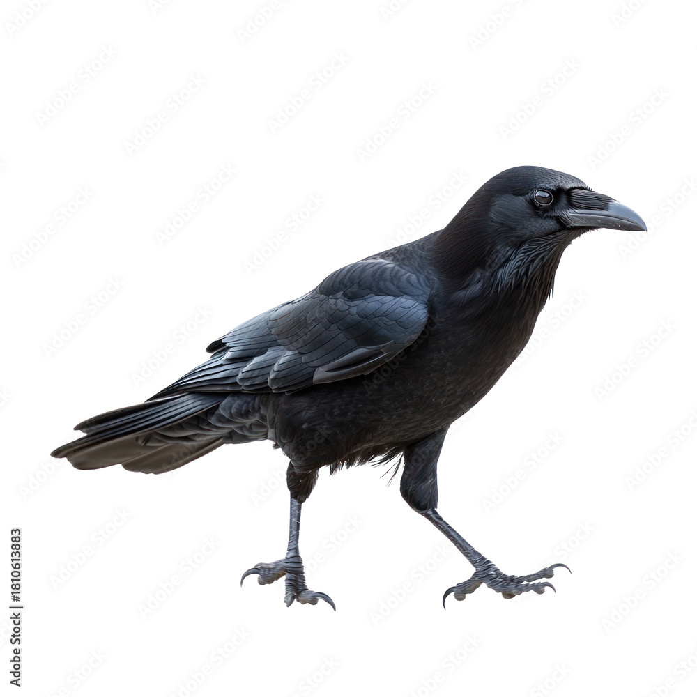 Fototapeta premium Crow walking A crow moves slowly with short, deliberate steps, head bouncing slightly. full length isolate on transparent background
