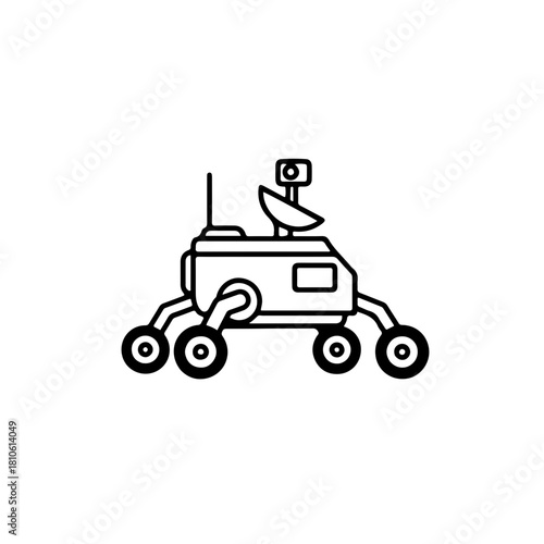 Space exploration rover machine vector illustration, black line minimal design science technology drawing