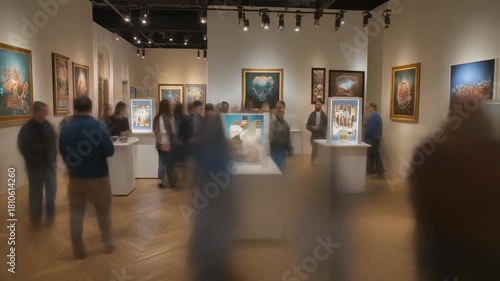 People viewing various artworks and paintings displayed in a well-lit modern art gallery with wooden floors and track lighting.