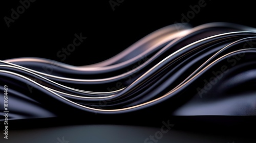 Wallpaper Mural Smooth, flowing, dark metallic ribbons with thin, bright highlights create an abstract, undulating pattern against a black backdrop. Torontodigital.ca