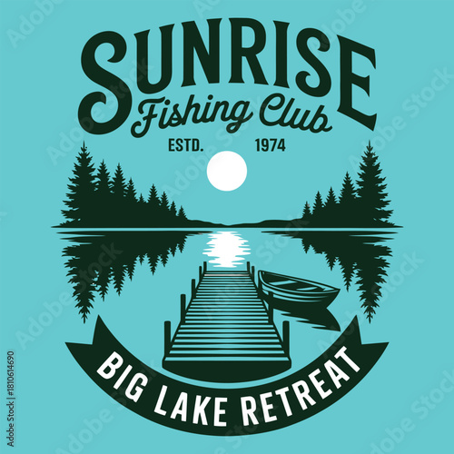 mountain lake camping scene with colorful sunset, perfect for adventure t-shirt print.