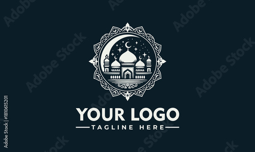 Intricate Mosque Vector Logo Illustration with Crescent Moon and Stars