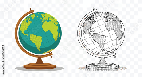 Globe World Map Vector Illustration and Hand Drawn Outline Sketch Doodle Set