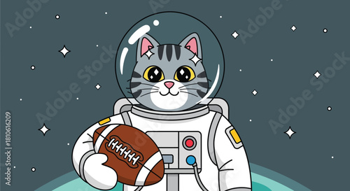 Cute Cat Astronaut Holding American Football Ball. Cartoon Kitty Spaceman Character in Space Suit Floating in Outer Space.