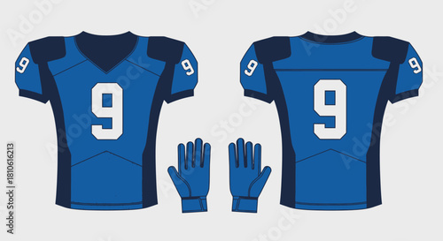 American Football Jersey Mockup. Blue Sport T-shirt Template with Number Nine and Matching Gloves. Front and Back View.