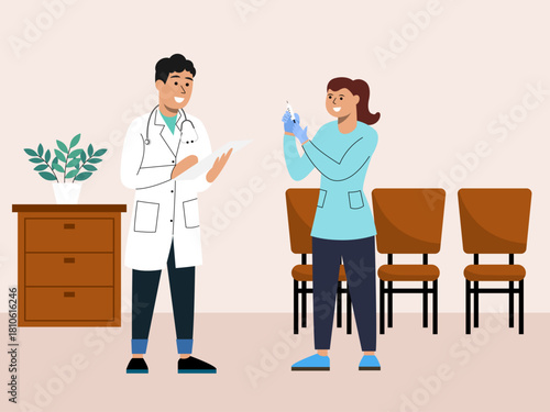 The doctor spoke to the nurse who was carrying the injection. Hospital vector illustration. Flat illustration concept.