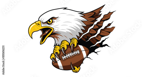 Fierce Eagle Head and Talons Gripping American Football. Aggressive Sport Mascot Vector Illustration Ripping Through Background.