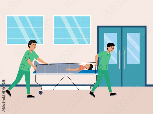 The nurse carried the patient on a stretcher to the emergency room. Hospital vector illustration. Flat illustration concept.