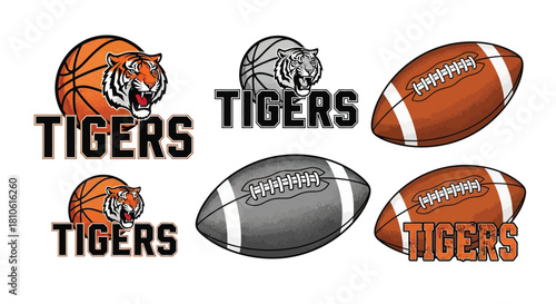 Tigers Sport Team Logo and Elements Set. Collection of American Football and Basketball Designs with Tiger Mascot and Balls.