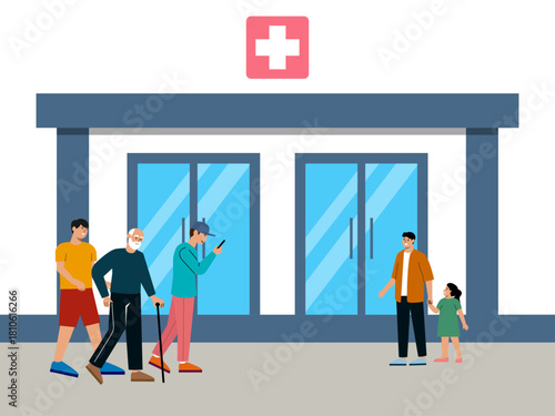 Some patients are about to visit the hospital. Hospital vector illustration. Flat illustration concept.