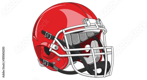 Shiny Red American Football Helmet Vector Illustration. Modern Sport Equipment for Gridiron Protection Isolated on White.