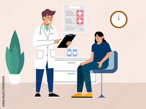The doctor talks to the female patient explaining the results of the medical tests. Hospital vector illustration. Flat illustration concept.
