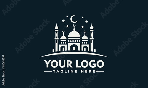 Elegant Mosque Architecture Vector Logo Illustration with Crescent Moon and Stars for Islamic Design