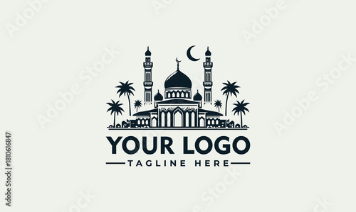 Mosque architecture vector logo illustration with palm trees and moon