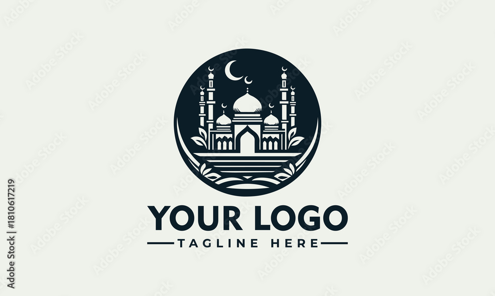 Fototapeta premium Islamic Mosque Vector Logo Illustration Elegant Cultural Architecture Design with Crescent Moon and Ornate Minarets