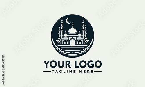 Islamic Mosque Vector Logo Illustration Elegant Cultural Architecture Design with Crescent Moon and Ornate Minarets