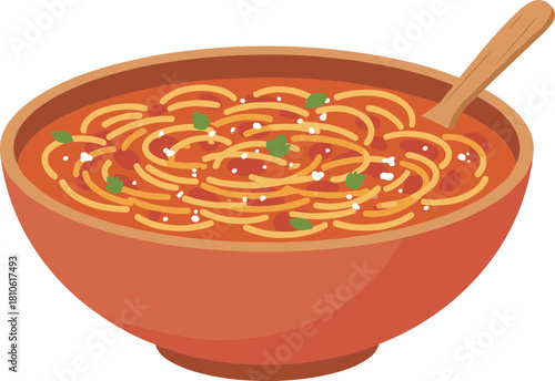 Flat Illustration Delicious Spaghetti with Tomato Sauce in a Terracotta Bowl
