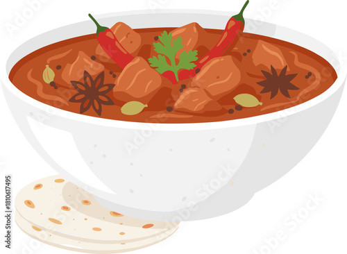 Flat Style Delicious Beef Curry with Tortilla Wrap Bowl Illustration
