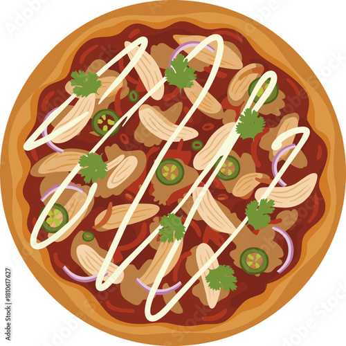 Flat Design Chicken Topping with Jalapeno and Cilantro Pizza Illustration