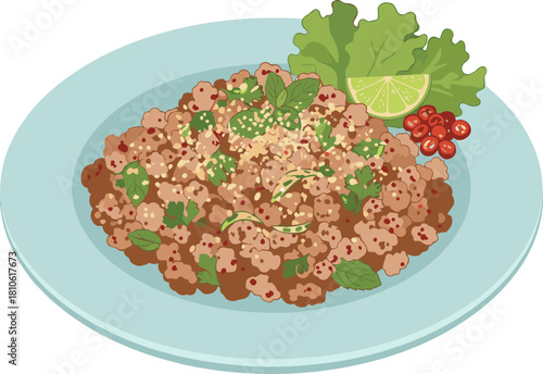 Detailed Flat Illustration of Larb Thai Dish on Blue Plate