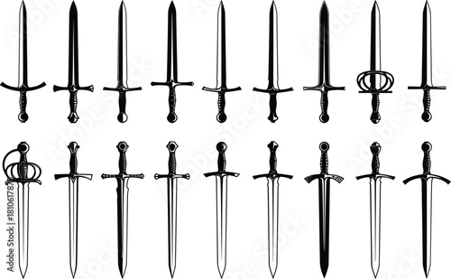 Collection of Twenty Stylized Swords, Historical and Fantasy Blade Designs, Diverse Hilts, Guards, Pommel Variations, Weapon Illustration Set, Vector Icons