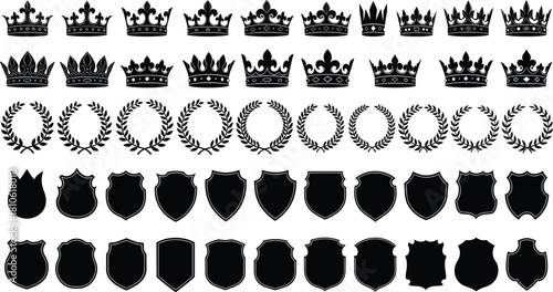 Crown icons, laurel wreaths, shield symbols, vector outline set, royalty elements, victory emblems, heraldic design, black and blue graphics