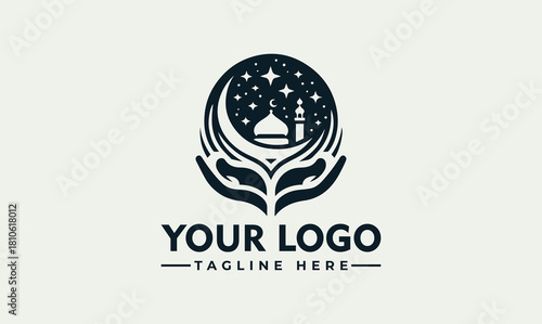 Islamic mosque vector logo illustration in hands with stars and moon