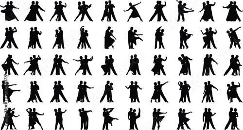 Dance, silhouette, couple, motion, rhythm, pose, elegance, performance, black, white, partner, style, choreography, artistic, expressive, grid, movement, interaction, romantic, dynamic