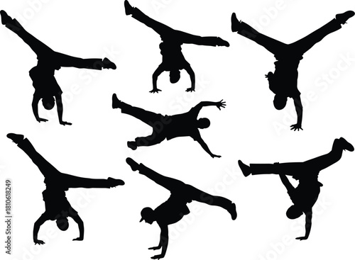 Dynamic black silhouette set of male breakdancers performing various acrobatic power moves and handstands, representing hip hop culture and urban street dance energy.