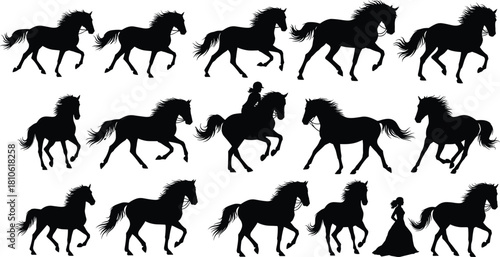 Dynamic running and rearing horse silhouettes, equestrian rider, and princess collection, high-contrast vector graphic for design and branding.