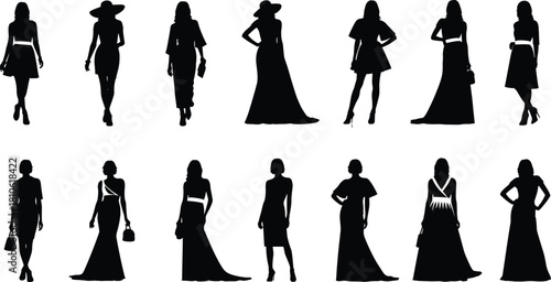 Fashion silhouettes, female outfits, stylish women, dress collection, modern clothing, elegant attire, trendy looks, fashion design, wardrobe inspiration, apparel showcase