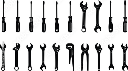 Hand tools collection, screwdrivers, wrenches, pliers, pipe wrench, silhouette style, blue outline, workshop, repair, maintenance, DIY, mechanic, hardware