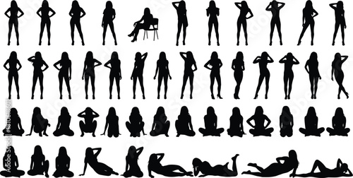 Human silhouette poses, sitting, standing, lying, posture collection, gesture reference, black figure, body movement, animation, artistic, stock image